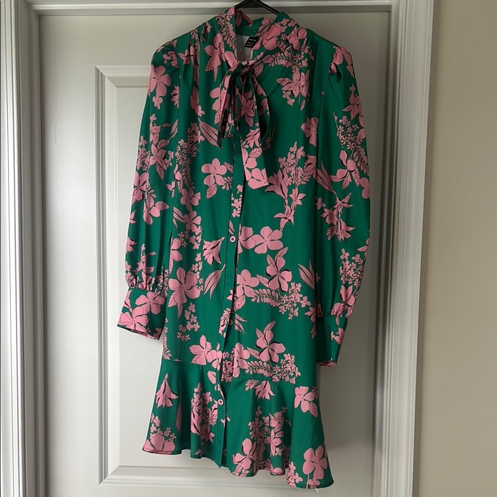 SHEIN Green and Pink Bishop Sleeve Tie Front Dress